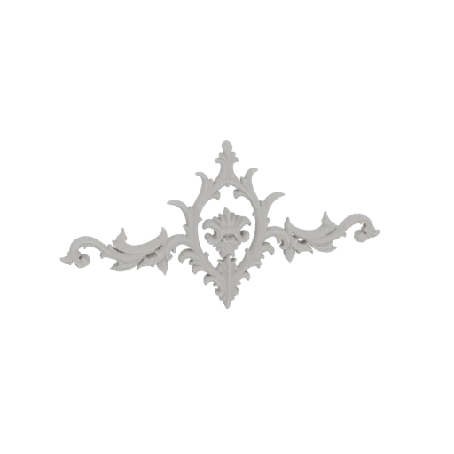 A white, ornate scrollwork architectural element with symmetrical acanthus leaves and a central decorative motif, presented o