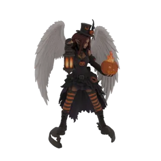 3D-Modell eines Halloween-Engels mit weißen Flügeln, schwarzem Hexenhut, der eine leuchtende Laterne und einen geschnitzten J