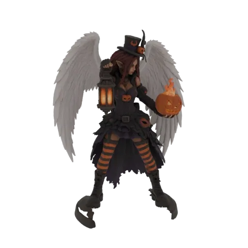 Modello 3D di un angelo di Halloween con ali bianche, un cappello da strega nero, che tiene una lanterna luminosa e un jack-o