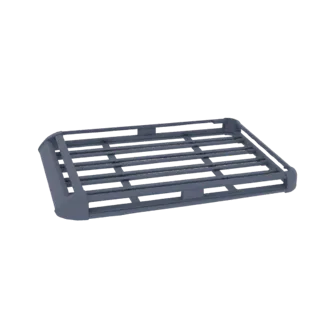 Modèle 3D d'un porte-bagages de toit moderne gris foncé avec un design à lamelles, présenté sur fond blanc.