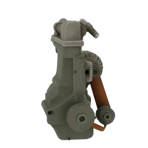 Modelo 3D de un componente de motor industrial con cuerpo gris verdoso, correa canela y dos poleas.