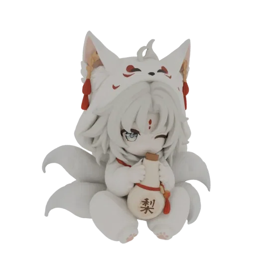3D model of a cute chibi kitsune with white fur, fox ears, multiple tails, and a red forehead marking, holding a sake bottle.