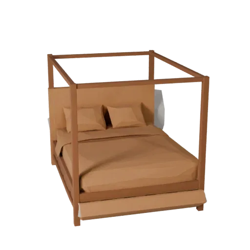 Canopy Bed Frame Low Poly 3D model, bedroom, game viewport three-quarter view, fabric detail.