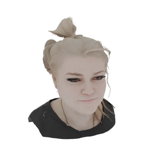 3D model render of a young woman with blonde hair in a high ponytail, wearing a dark t-shirt, viewed from a slightly elevated