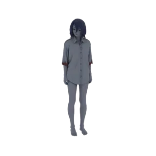 3D model of a sad anime girl with blue hair, wearing an oversized grey shirt, looking down with a somber expression.