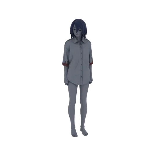Modelo 3D de garota de anime triste com cabelo azul, vestindo uma camisa cinza oversize, olhando para baixo com expressão som