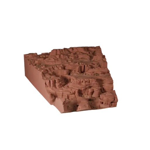Red Rock Canyon Biome Realistic 3D model, three-quarter environment render, showing terrain layers, dune ridges.