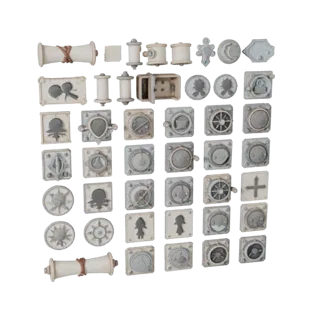 Market Scroll Bundle 3D model, three-quarter front view, Unity viewport, showing paper-like cards, small readable forms.