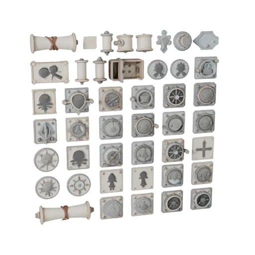 Market Scroll Bundle 3D model, three-quarter front view, Unity viewport, showing paper-like cards, small readable forms.