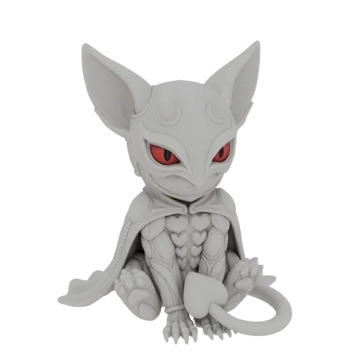 A 3D render of a grey chibi demon cat figurine with bright red eyes, wearing a cape and sitting with its tail curled.