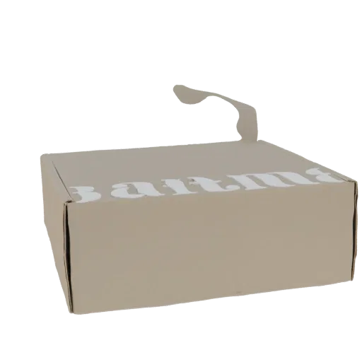 3D model of a closed cardboard box with white text and a hanging tab, viewed from a slight angle.