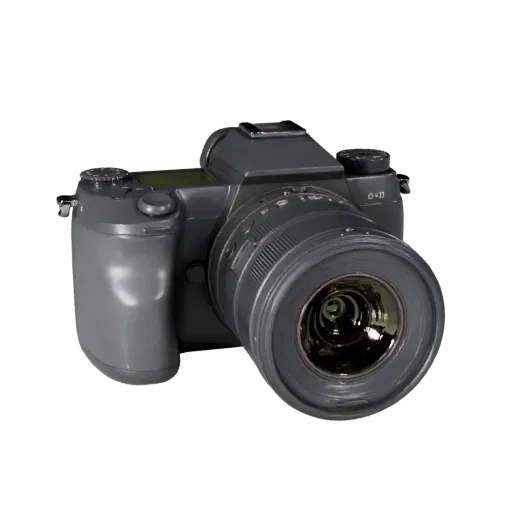 Mirrorless Camera Stylized 3D model, stylized isometric render, showing textured grips, lens barrels.