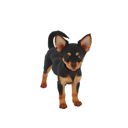 3D model of a black and tan Chihuahua dog standing alert with large ears and a curious expression.