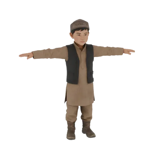 Modelo 3D de niño con túnica marrón tradicional, chaleco oscuro y gorro estampado, de pie con brazos extendidos.