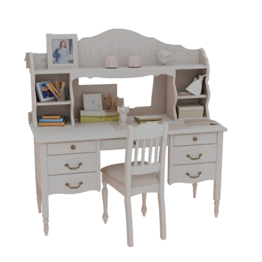 Ornate White Vanity Desk with Hutch and Chair