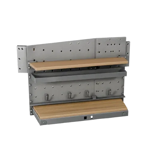 Industrial Pegboard Wall Realistic 3D model, three-quarter studio render, showing steel frames, stable fixtures.