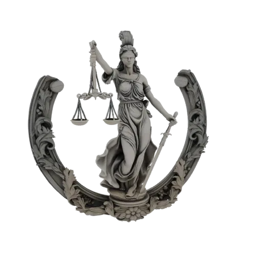 3D model of Lady Justice sculpture, blindfolded, holding scales and a sword, framed by an ornate border.