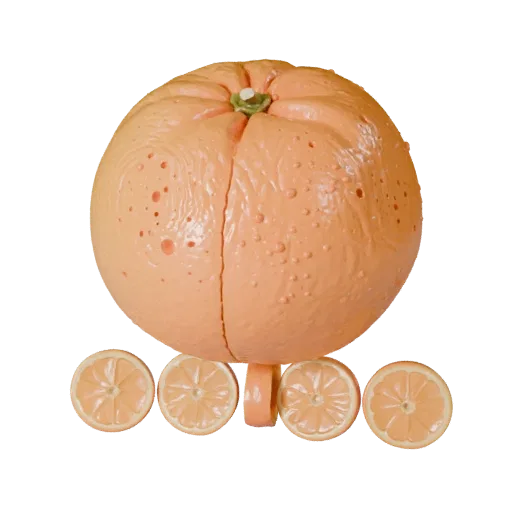 Sliced Orange 3D model, three-quarter front view, AR viewer studio render, showing skin pores, recognizable fruit forms.
