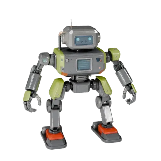 Humanoid Service Robot Stylized 3D model, stylized isometric render, showing metal frames, robot form.