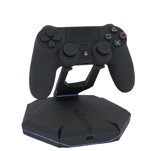 A 3D model render of a black, futuristic controller charging stand with angular facets and glowing blue LED accents, holding