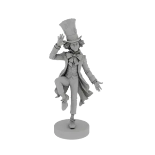 3D model of the Mad Hatter from Alice in Wonderland in a dynamic, whimsical pose, with one leg raised and arms outstretched.