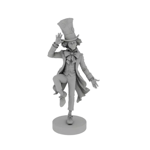 3D model of the Mad Hatter from Alice in Wonderland in a dynamic, whimsical pose, with one leg raised and arms outstretched.