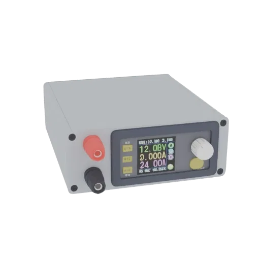 3D model of a gray adjustable DC power supply with a digital display showing 12.0V and 0.000A, and a white control knob.