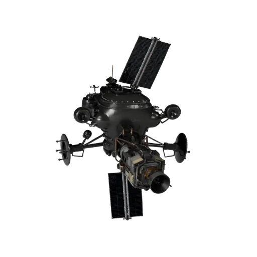 Communication Space Probe 3D model, three-quarter front view, Unreal Engine viewport, showing solar panels, form detail.