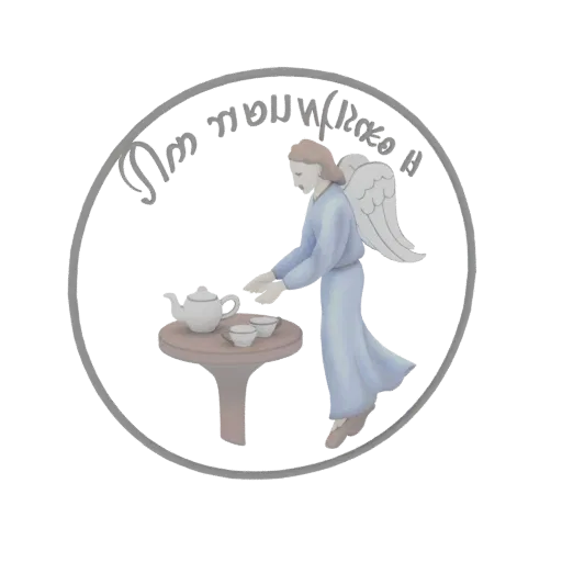 3D model of an angel in a blue robe serving tea, with wings spread, inside a circular decorative border.