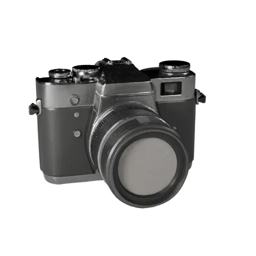 Vintage Drone Camera 3D model, three-quarter front view, Unity viewport, showing textured grips, lens barrels.