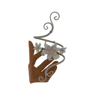 3D model of a silver-toned hand cuff bracelet adorned with white and pink flowers, worn on a mannequin hand.