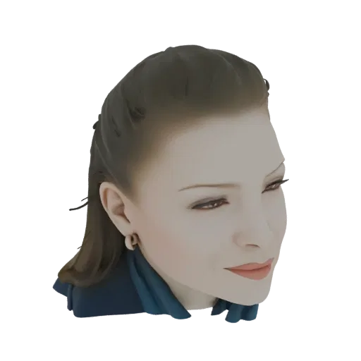 3D model render of an elegant woman's head and shoulders, with dark, flowing hair and a serene expression, wearing a blue gar