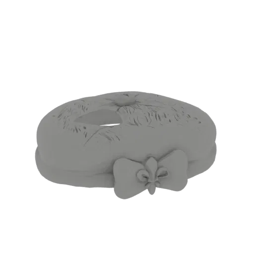 Modello 3D di un berretto grigio con fiocco decorativo a forma di fleur-de-lis, presentato su sfondo bianco.