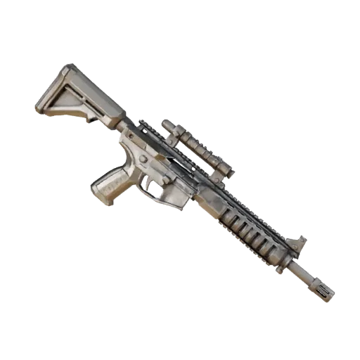 Modelo 3D low poly Prop Tático de Corpo Longo, vista de três quartos do viewport do jogo, mostrando metal pintado, detalhe da