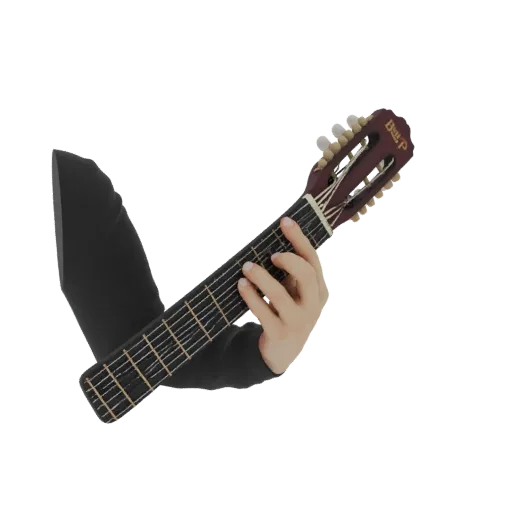 3D model of a hand playing the F chord on a classical guitar fretboard, showing fingers pressing strings.
