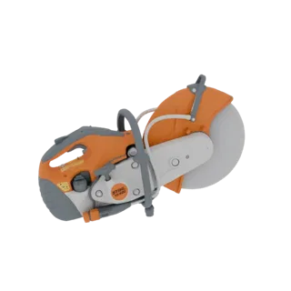 3D model of a Stihl TS 420 cut-off saw with an orange and grey body and a large cutting disc.