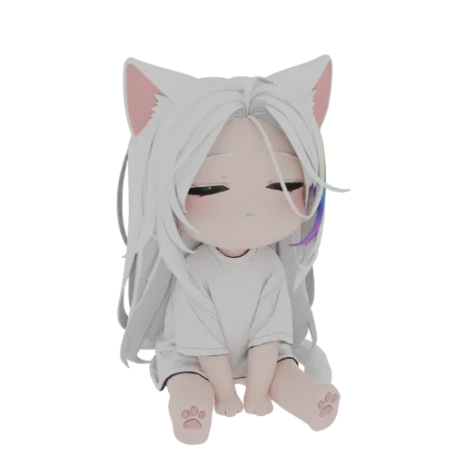 3D model of a chibi cat girl with white hair and cat ears, sitting with closed eyes, wearing a white t-shirt.