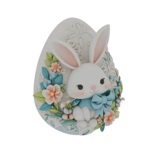 3D model of a white Easter egg with a cute bunny, blue bow, and colorful flowers, featuring embossed floral patterns.