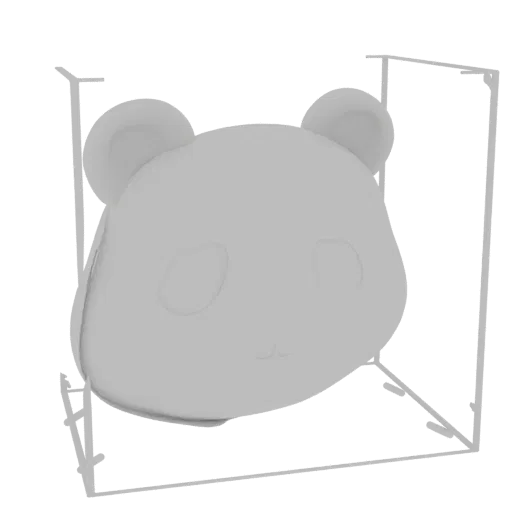 A 3D render of a light gray panda head model, enclosed within a wireframe bounding box, showcasing its rounded ears and facia