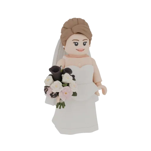 3D model of a Lego-style bride figurine wearing a white wedding dress and holding a bouquet of flowers.