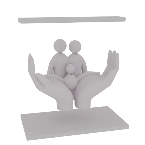 3D model of a white sculpture showing two hands cradling a family of three figures, with a base and a hovering top element.