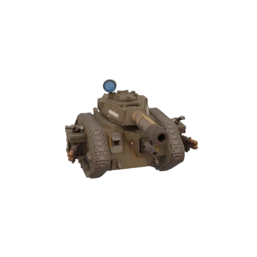 Front view of a detailed 3D model of a green Imperial Guard Leman Russ Battle Tank with a large cannon and tracks.