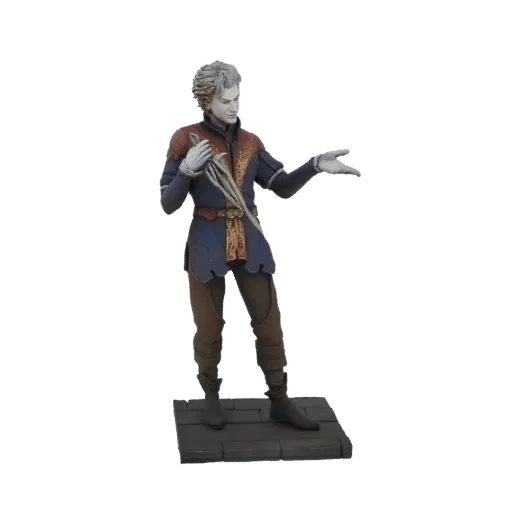 3D model of a fantasy noble figure wearing an ornate blue tunic with gold trim and brown trousers, standing on a stone base.