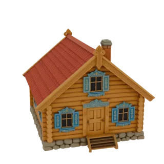 Modelo 3D de uma casa russa tradicional de troncos com telhado vermelho, portadas azuis ornamentadas e porta de madeira, sobr