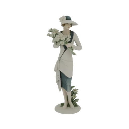 Modelo 3D de mulher Art Déco com chapéu de abas largas, vestindo um vestido branco e azul, segurando um buquê de flores branc