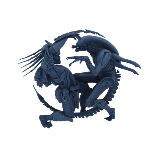 3D model of an Alien Xenomorph and a Predator locked in a dynamic combat pose, rendered in a dark blue hue against a black ba