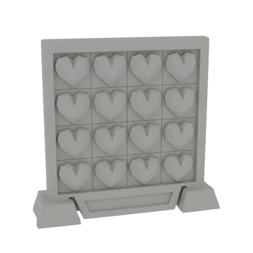 3D render of a geometric heart grid display stand, a modern decorative object with faceted heart shapes arranged in a grid.
