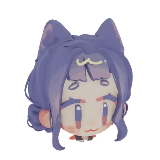 3D model of a chibi cat girl's head with purple hair, cat ears, and rosy blush, rendered against a black background.