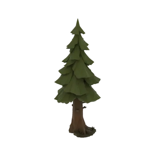 A stylized, low-poly evergreen tree with layered green foliage and a brown trunk, set against a white background.