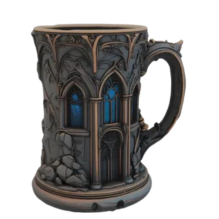 3D model of a dark, gothic-style mug with intricate architectural details and glowing blue windows, set against a white backg